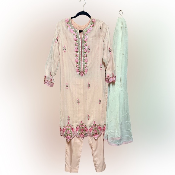 Dresses & Skirts - Women's Kurtas 3pcs set Embroidered Pink & Cream Dress with Pants & Dupatta